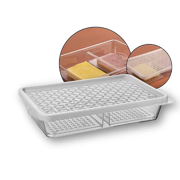 Porta frios transparente com tampa branca de acrílico Uz com divisória para cozinha - porta presunto e queijo grande