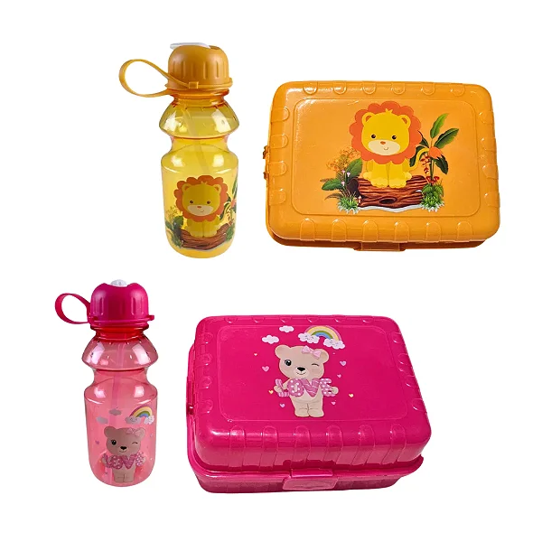 Kit marmita lancheira dupla + garrafinha pote com Divisória Infantil Lanche Escolar Fitness Refeição menina menino