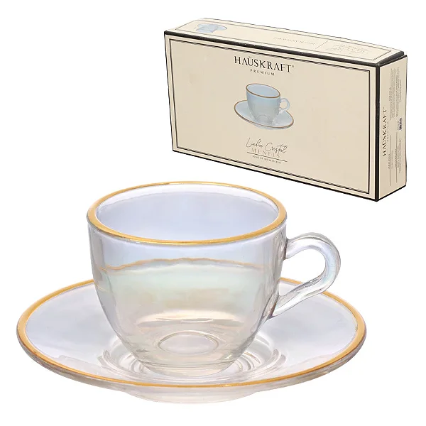 Jogo de Xícara para Café Menfis em Cristal Rainbow com Borda Dourada 85ml - Hauskraft