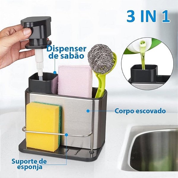 Dispenser Em Aço Inox Porta Detergente E Esponja 3 Em 1