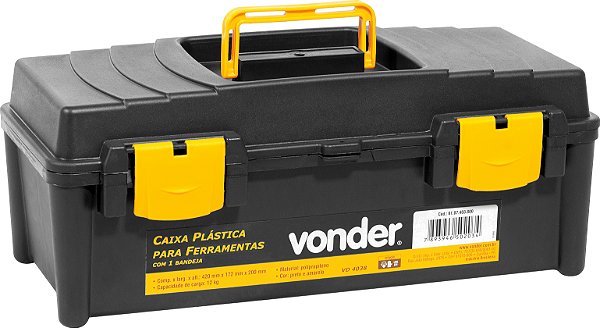 Caixa plástica para ferramentas preta e amarela com 1 bandeja VD 4038 VONDER