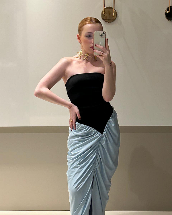 vestido drapeado cetim azul