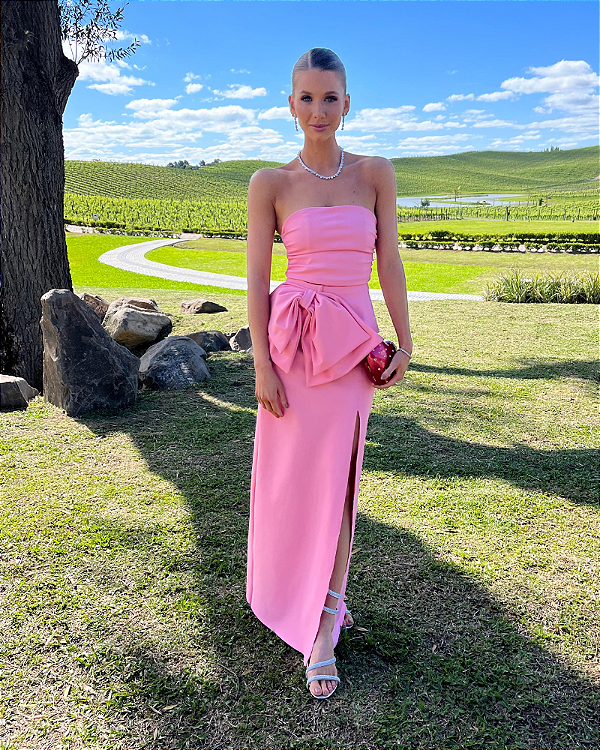 vestido tomara que caia laço rosa