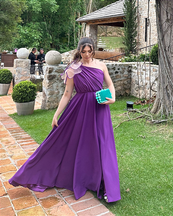 vestido detalhe flor roxo