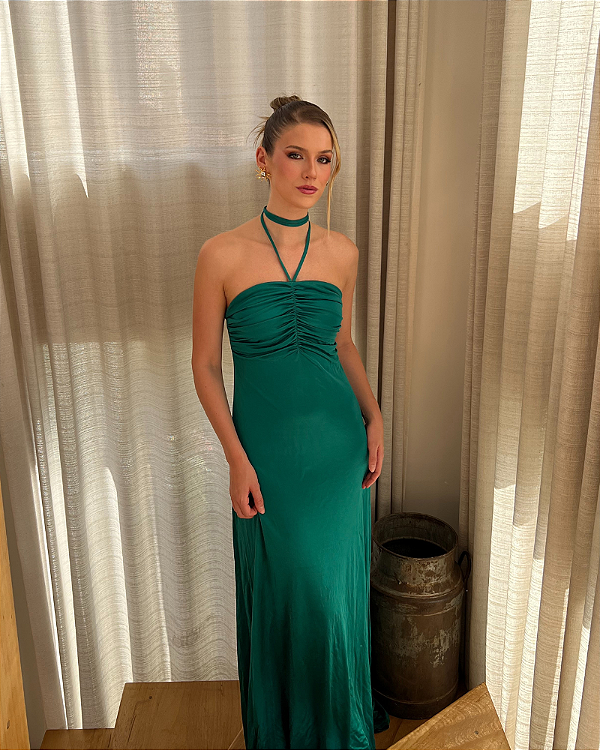 vestido amarração pescoço verde