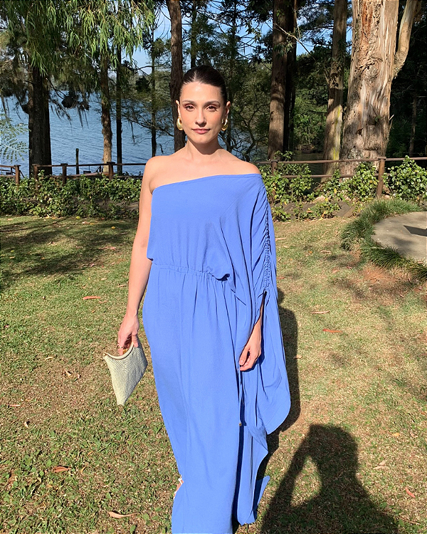 vestido manga franzida azul