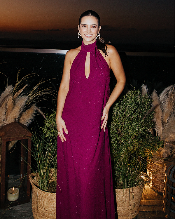 vestido frente única lurex roxo