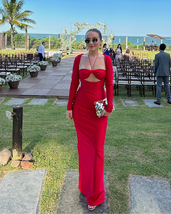 vestido manga longa decote vermelho