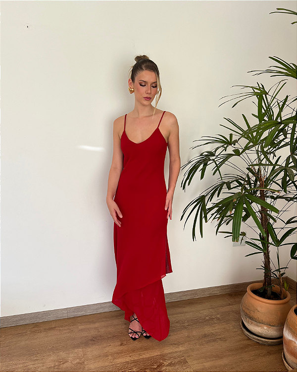 vestido camadas assimétrico vermelho