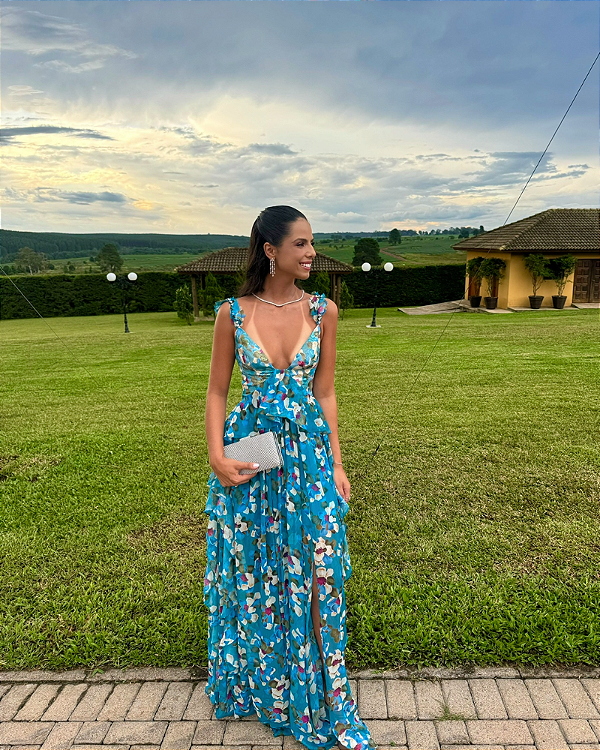 vestido floral longo azul