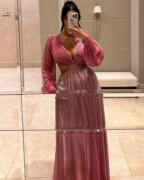 vestido recortes lurex rosa