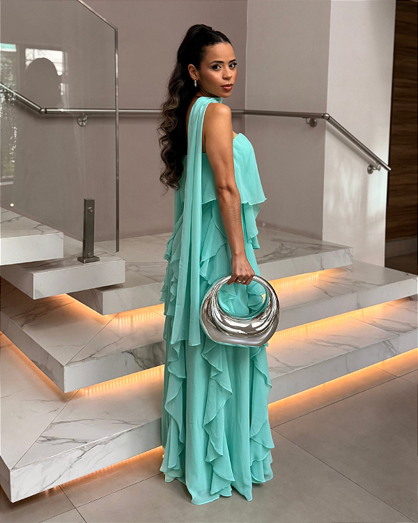 vestido babados saia e echarpe tiffany