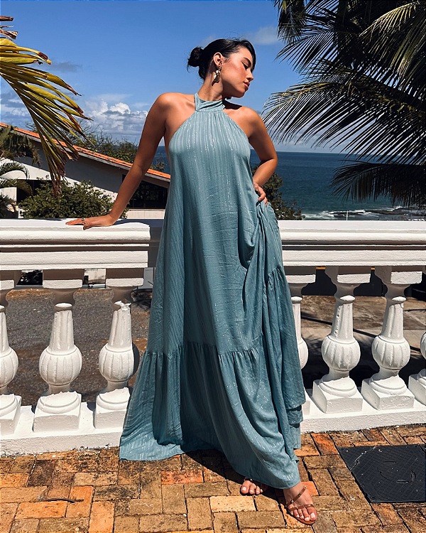 vestido amarração pescoço azul