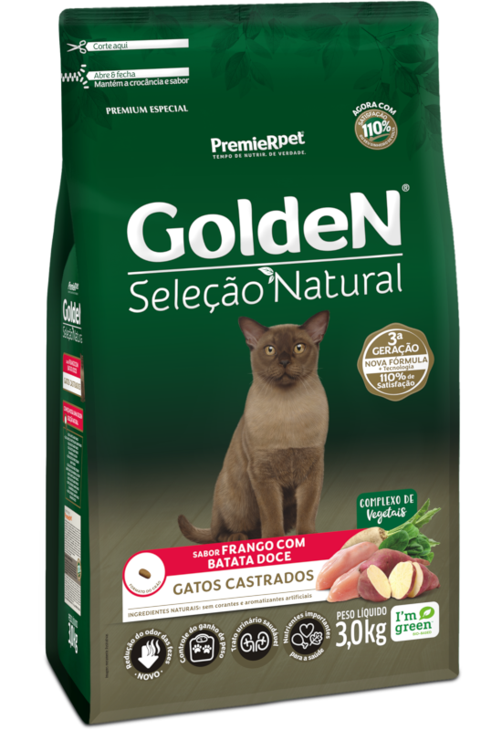 GOLDEN SELEÇÃO NATURAL GATOS CASTRADO FRANGO E BATATA DOCE 10KG
