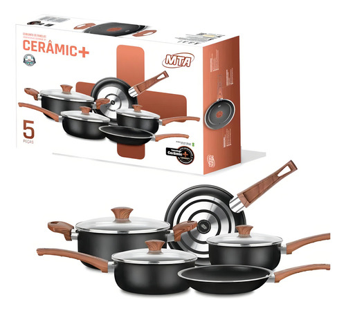 Conjunto De 5 Panelas Antiaderente Mta Ceramic Preto Preto