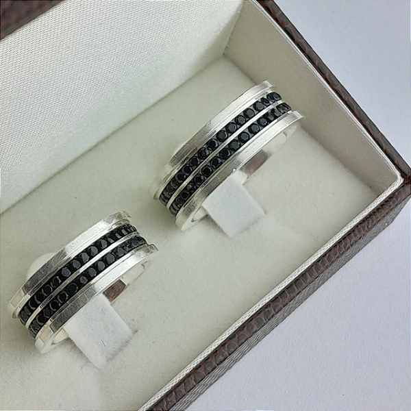 Par de aliança Prata prata PREMIUM  8 MM pedras pretas