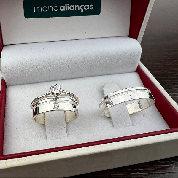 Par de Alianças Prata reta 4mm  friso  diamantado + pedra + solitário 56 FD