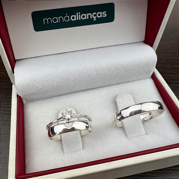Par de aliança  Prata   tradicional 3mm coração vazado  + solitário cód. 20