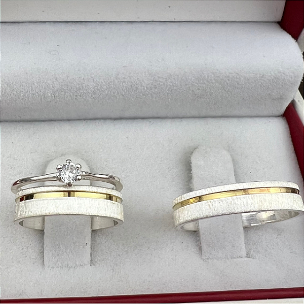 Par de aliança  Prata   reta friso dourado ouro 18k cód. 56