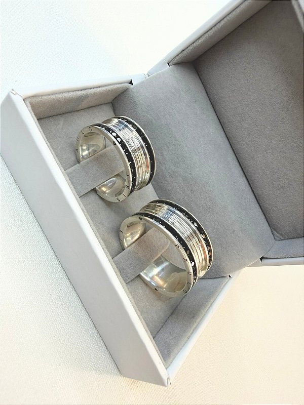 Par Aliança Prata Estilo Bvulgari Cravejada Toda Volta