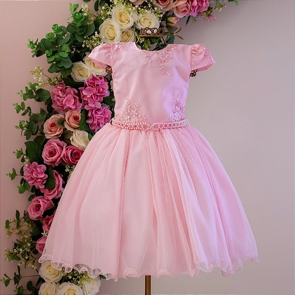 Vestido Rosa Bebê Cinto Perola 4 ao 12