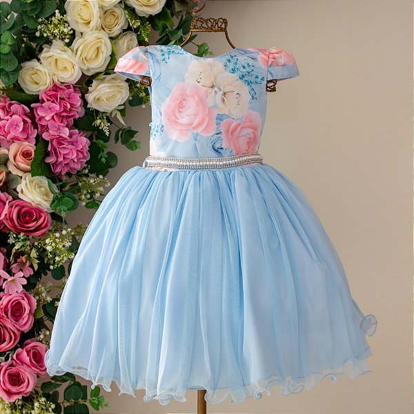 Vestido Infantil Juvenil Floral Azul Saia Tule 4 ao 12