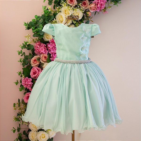 Vestido Verde Detalhe Organza Borboletas 4 ao 12