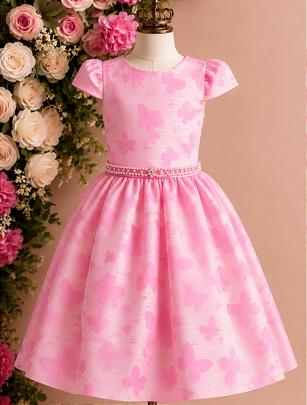 Vestido Infantil Rosa Borboleta Devorê 1 ao 4
