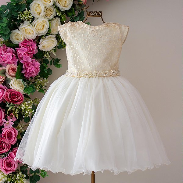 Vestido Infantil Juvenil Luxo Bege Com Renda 4 ao 12