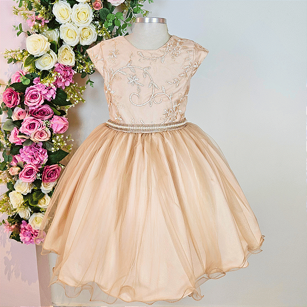 H1169 Vestido Infantil Festa Bege 4 ao 12