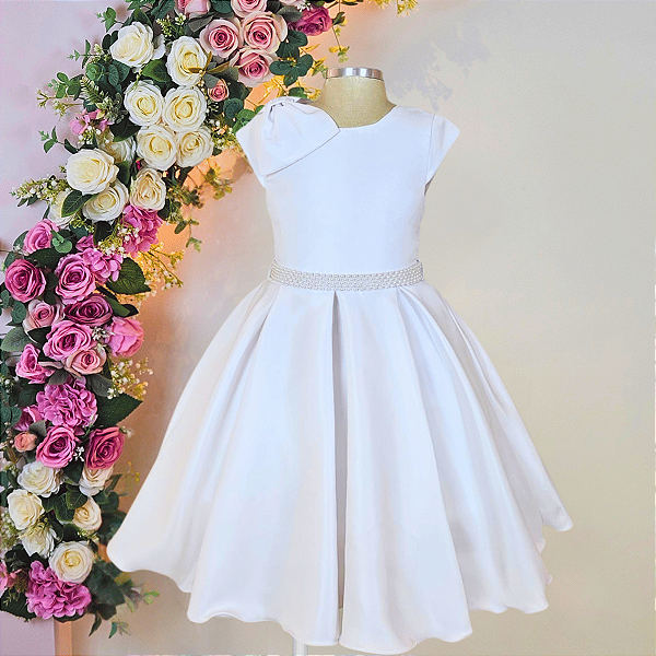 6364BR Vestido Infantil Branco Laço Ombro 4 ao 12