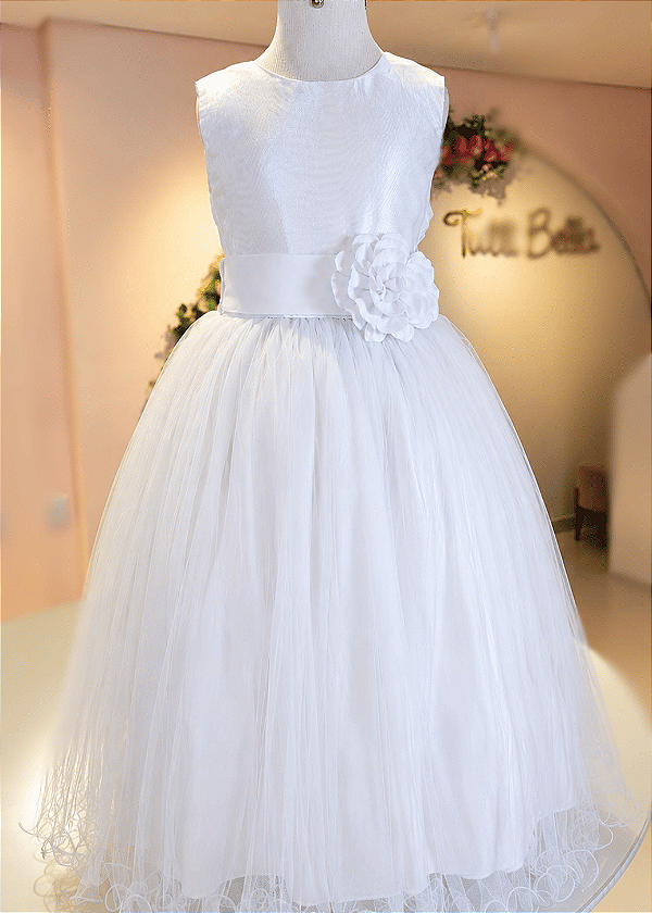 6371 Vestido Daminha Longo Branco Flor 4 ao 16