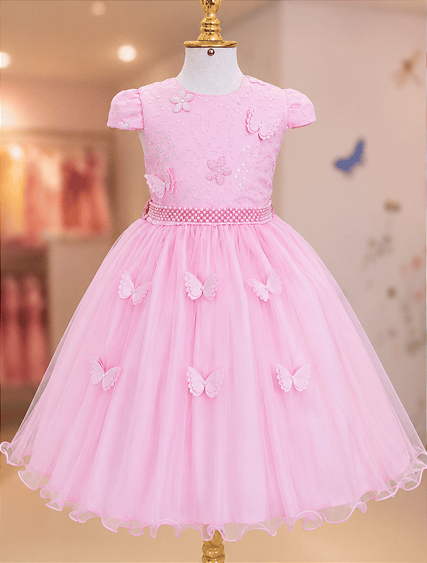 5368R Vestido Infantil Luxo Borboletas Paetê Rosa 1 ao 4