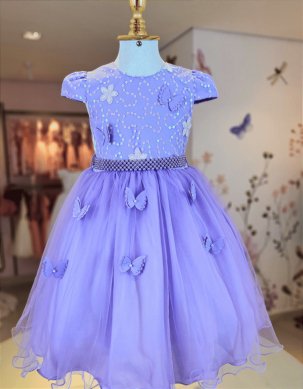 5368L Vestido Infantil Luxo Borboletas Paetê Lilás 1 ao 4