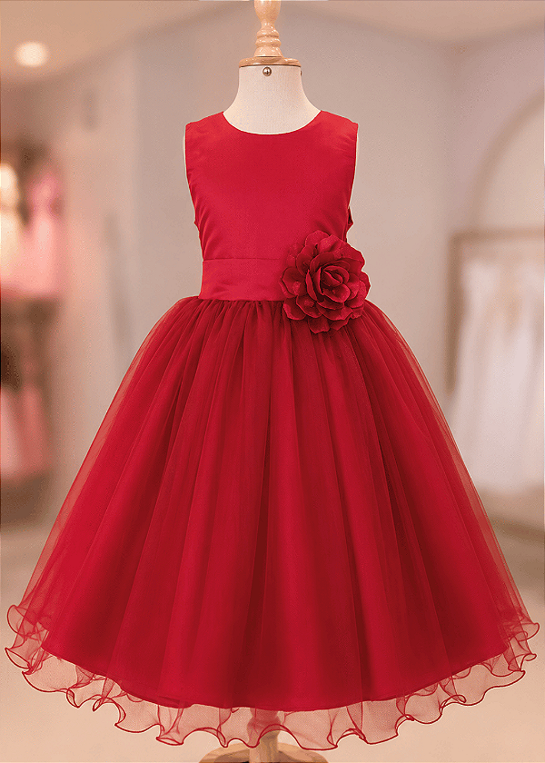 6365VM Vestido Infantil Luxo Flor Vermelho 4 ao 16