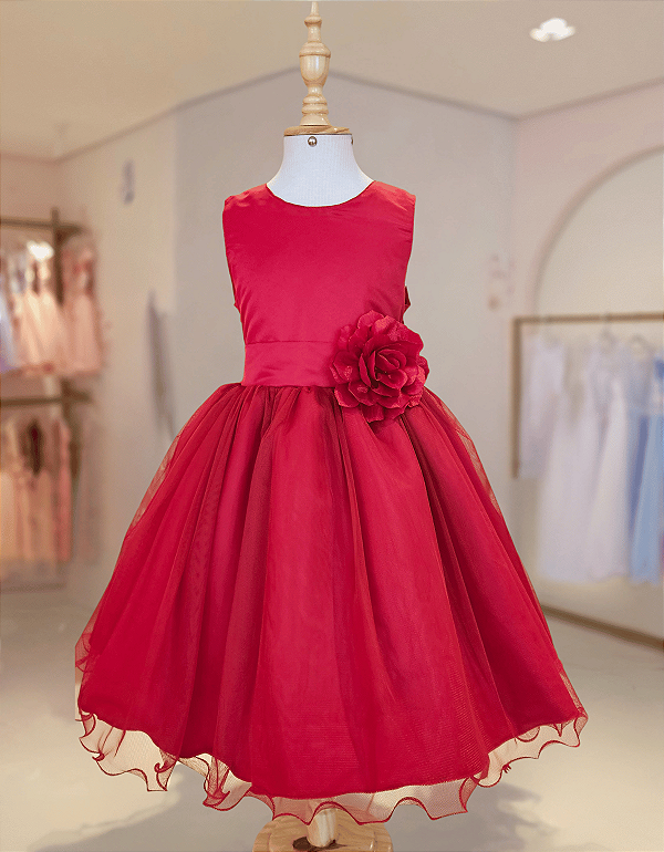 6365VM Vestido Infantil Luxo Flor Vermelho 4 ao 16