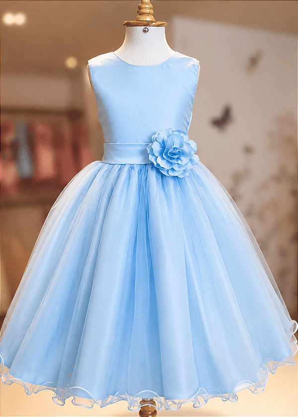 6365AZ Vestido Infantil Luxo Flor Azul 4 ao 16