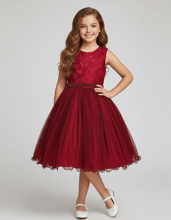 6350VM Vestido Inf Juvenil Renda Dublada Vermelho 4 ao 16