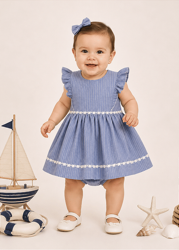 4298 Vestido Bebe Listrado 100% Algodão Azul P ao GG