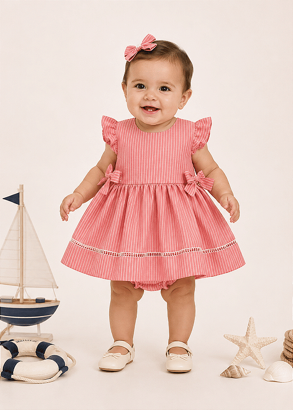 4297 Vestido Bebe Listrado 100% Algodão Ponto Palito P ao GG