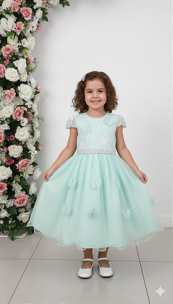 5368VD Vestido Infantil Luxo Borboletas Paetê Verde 1 ao 4