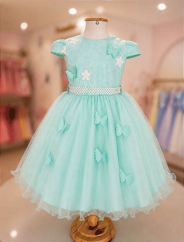 5368VD Vestido Infantil Luxo Borboletas Paetê Verde 1 ao 4