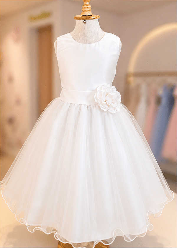 6365BR Vestido Infantil Luxo Flor Branco 4 ao 16