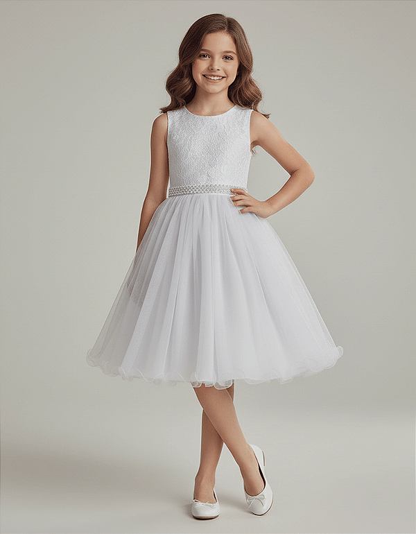 6350BR Vestido Infantil Renda Dublada Branco 4 ao 16