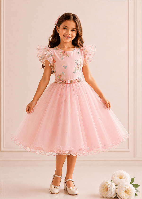 H1210RS Vestido Festa Rosa Renda Color 4 ao 16