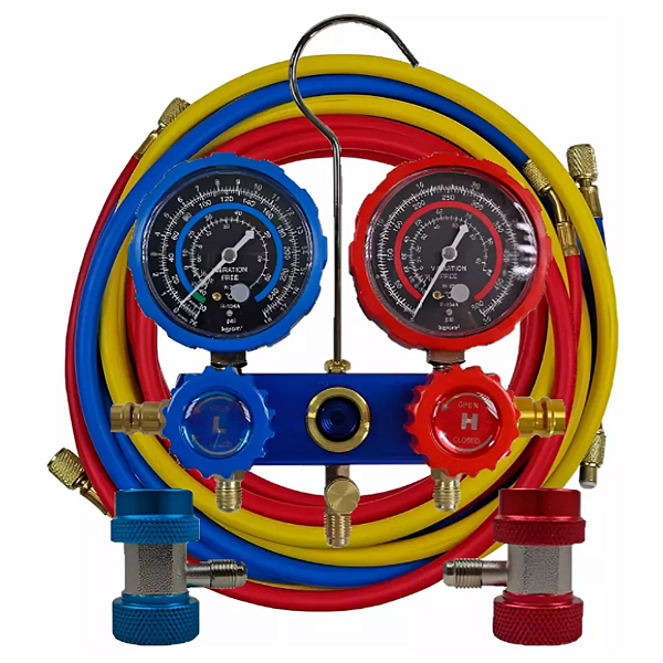 Manômetro Manifold R134a Profissional Com Mangueiras De 2500mm Para Refrigeração Ar Condicionado Automotivo