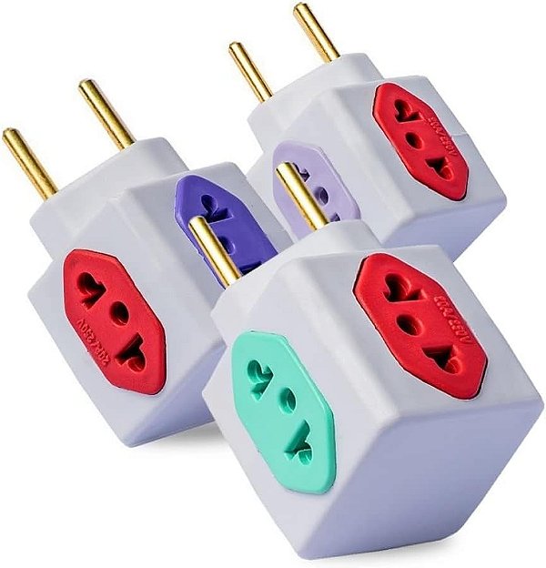 Kit com 03 Adaptadores de Tomada Benjamim Power Cubo com 4 Entradas Multiplicador de Tomadas 10A 20A T - Bivolt 110v 220v