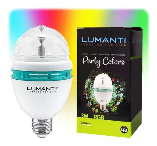 LÂMPADA LUMANTI LED BULBO GLOBO COLORIDA ROTATIVA 3W RGB E-27