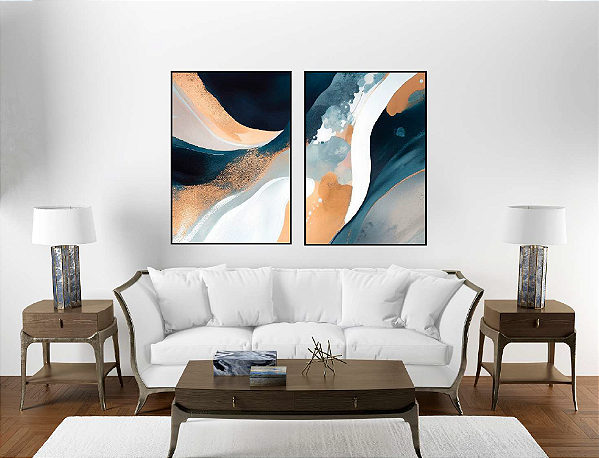 KIT 2 QUADROS DECORATIVO LINHAS E FORMAS ORGÂNICAS ABSTRATAS 70X50CM SEM VIDRO