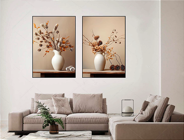 KIT 2 QUADROS DECORATIVOS PAR DE VASOS 50X70CM SEM VIDRO